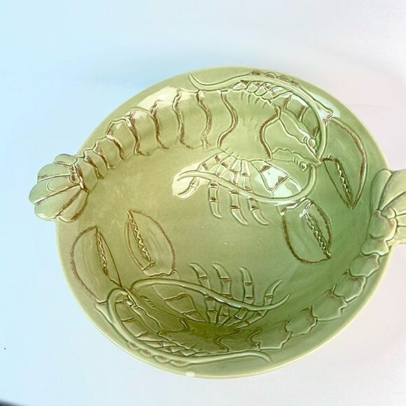 Magenta Pottery Handle Serving Salad Bowl Lobster Design Ceramic Olive Green - Picture 5 of 11